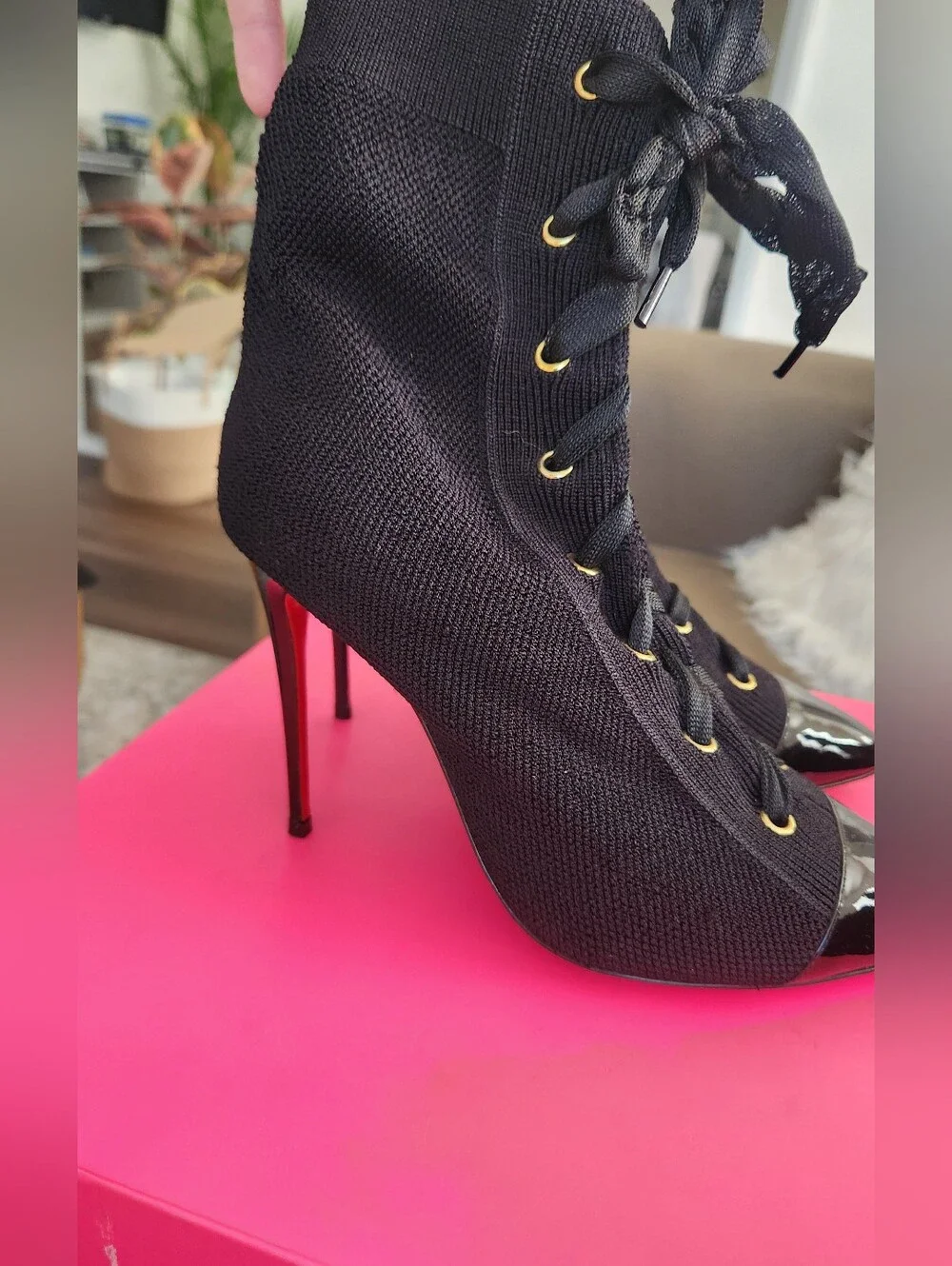 Christian Louboutin Frenchie 100 Black Knit Patent Lace-Up Ankle Boots 37